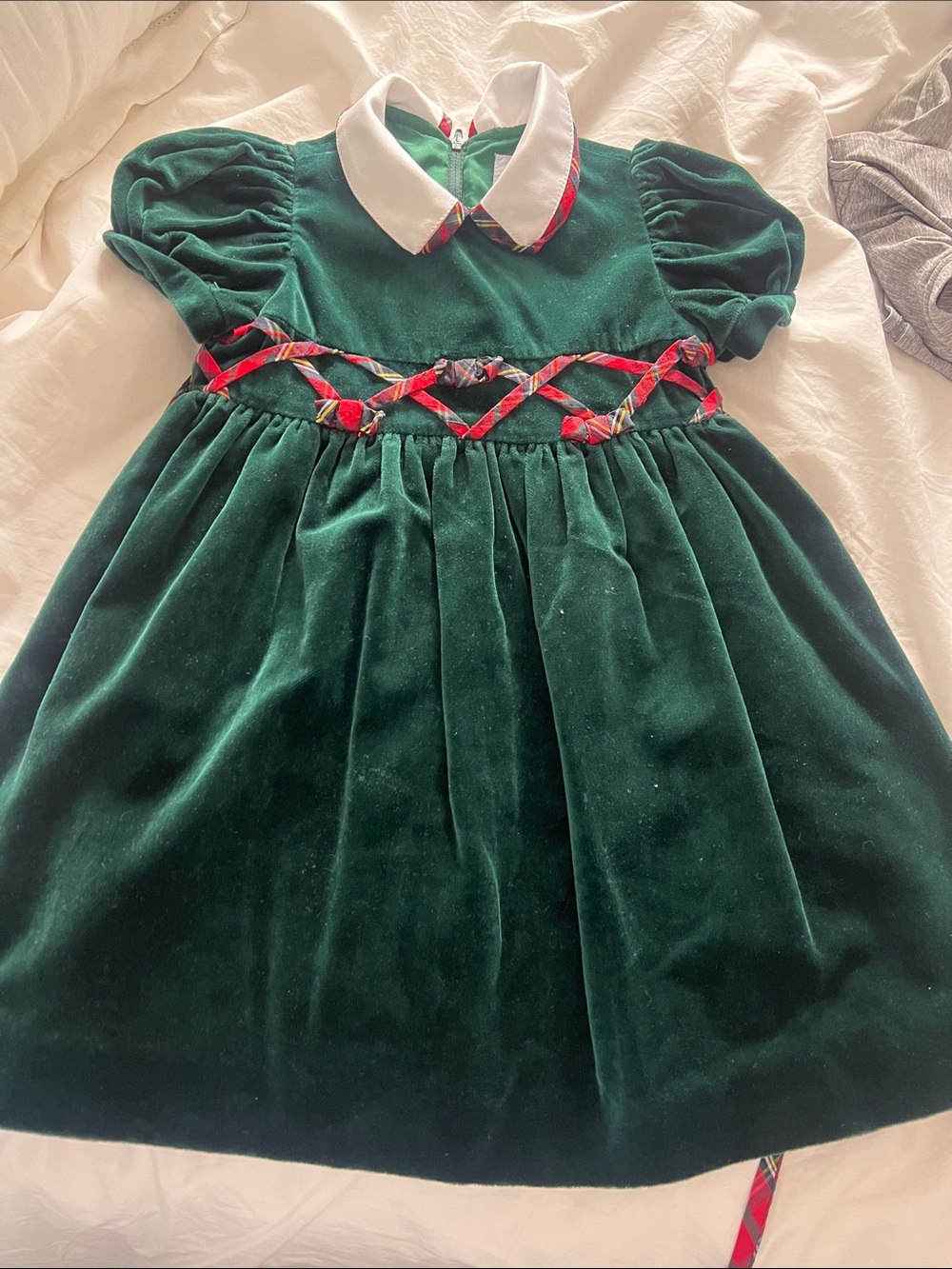 Florence Eiseman Green Velvet Holiday Dress with Red Plaid Trim
